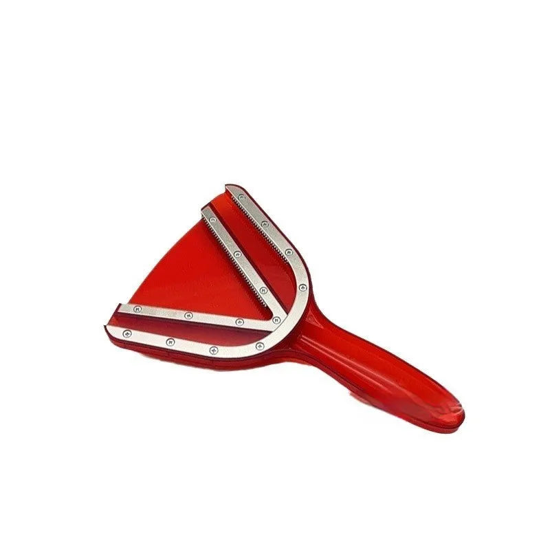 Red plastic can opener with an adjustable telescopic bottle opener extended, showing non-slip handle texture.