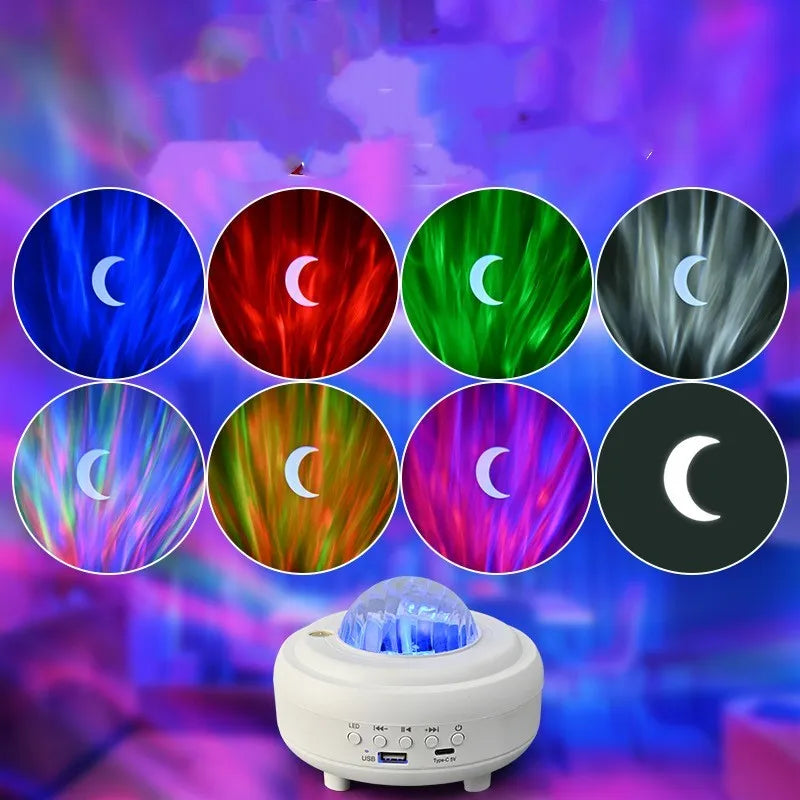 White galaxy star projector night light projecting starry sky patterns with Bluetooth speaker