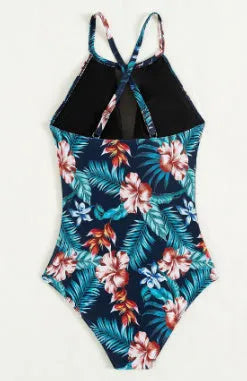Women's deep V-neck one-piece swimsuit in polyester fabric with solid colour printing