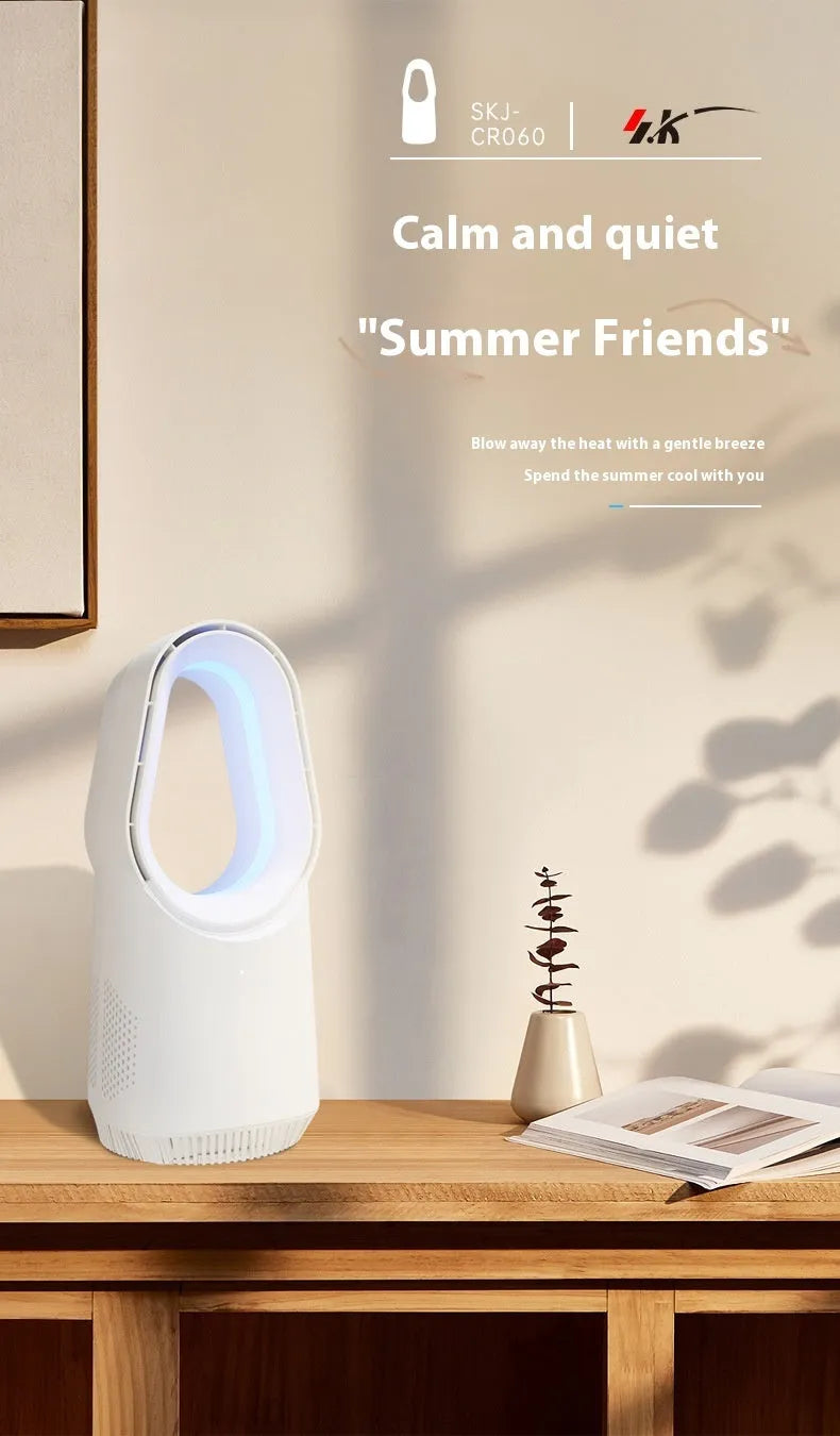 SK white bladeless tower fan with remote control on floor next to desk