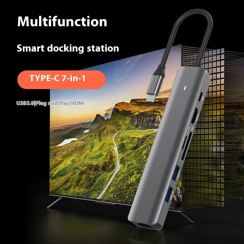 LQT-LH07 7-in-1 USB-C multi-port hub with card reader slots, HDMI, and USB ports.