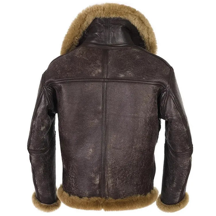 Men's brown synthetic fur coat with straight hem and side pockets for winter wear