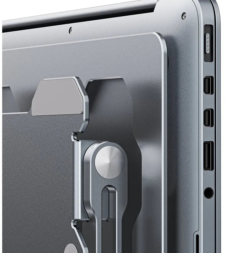 Grey aluminum laptop stand with adjustable angle and hollow heat dissipation design