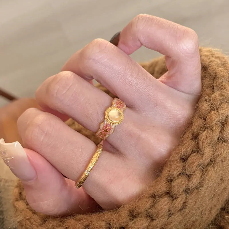 Pink crystal enamel geometric open ring for women on gold plated copper band