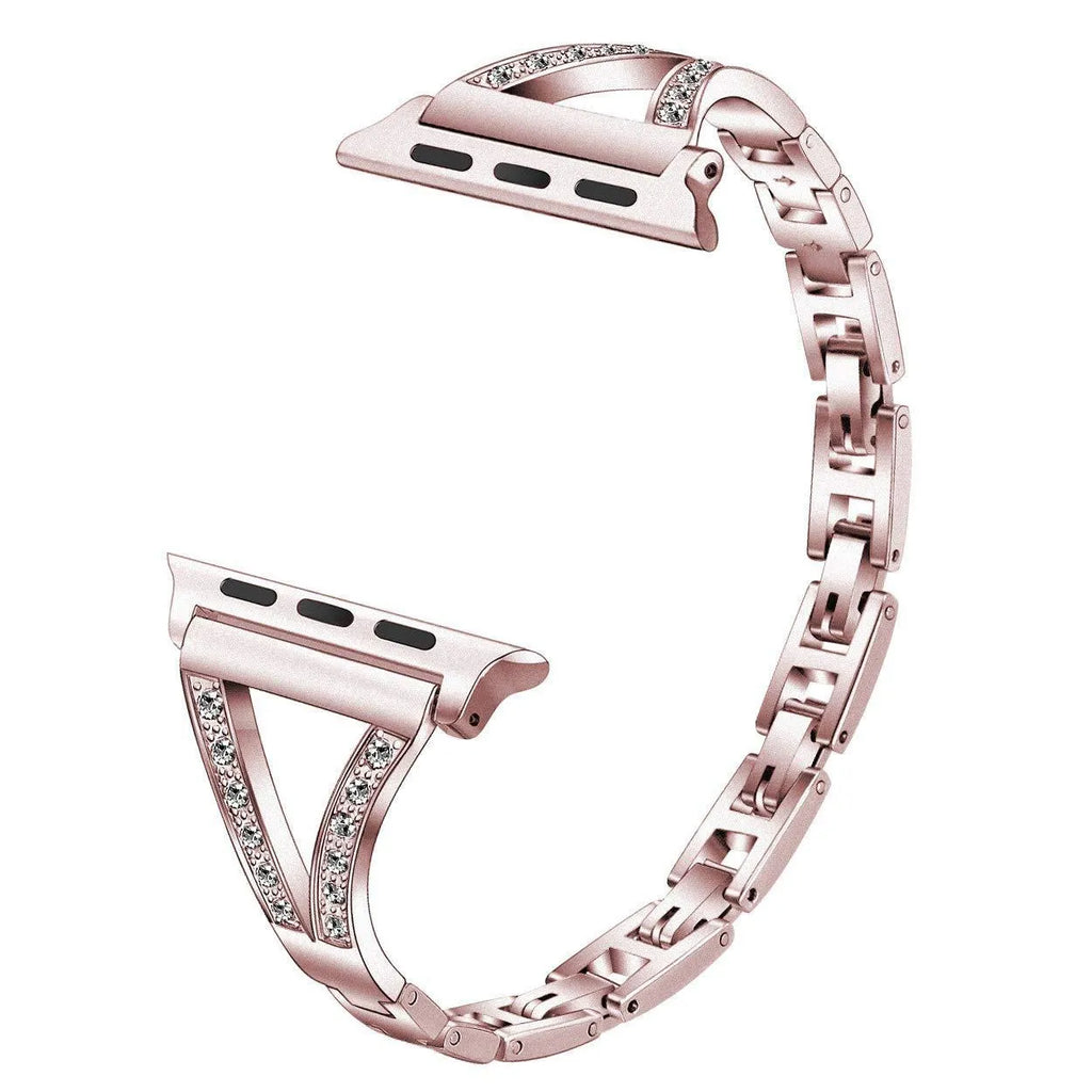 Silver herringbone diamond pattern metal strap for Apple Watch, showing adjustable links and connector lugs.