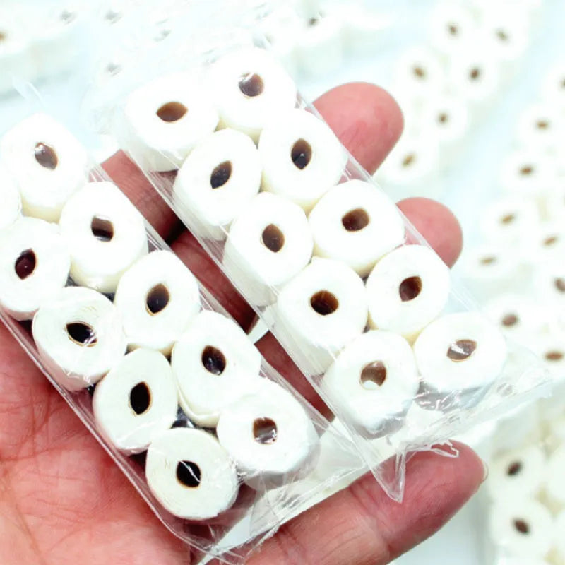 Miniature paper tissue roll model for dollhouse play measuring 30x15x80mm