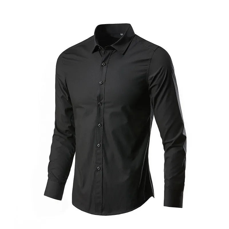 Man wearing a loose-fit long-sleeve linen shirt in a light colour, showing the relaxed silhouette and textured fabric.