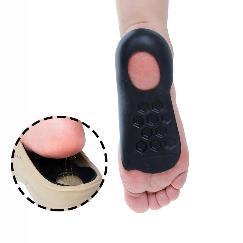TPR varus correction arch support insoles in white, black and skin colours showing arch design