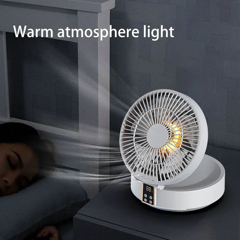 Portable USB rechargeable folding fan with remote control and night light in white, blue or green