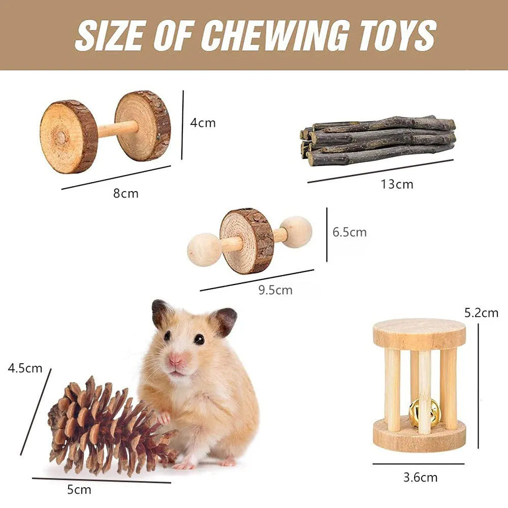 Wooden pet chewing toy set for rabbits guinea pigs parrots with various natural material components