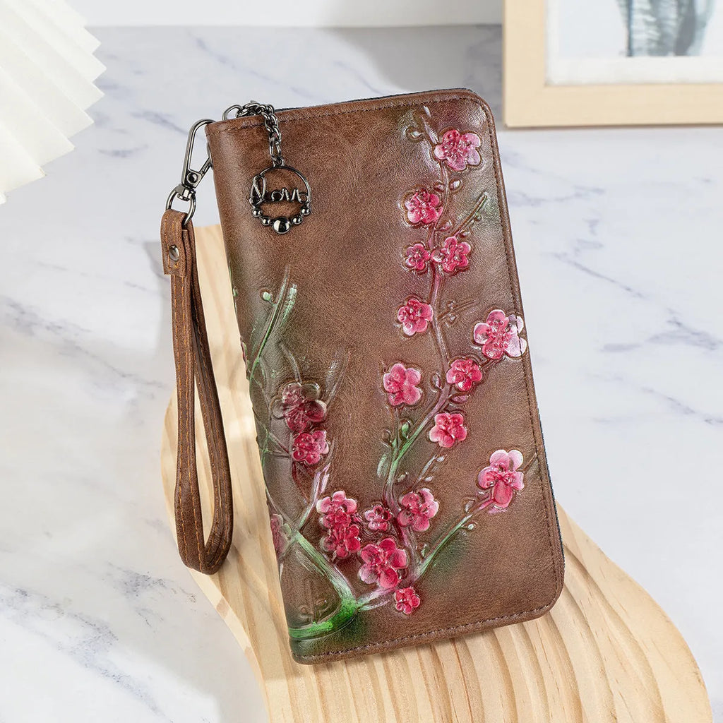 Embossed floral pattern handbag with hand-painted Chinese style zip closure in black, brown, or coffee brown colour