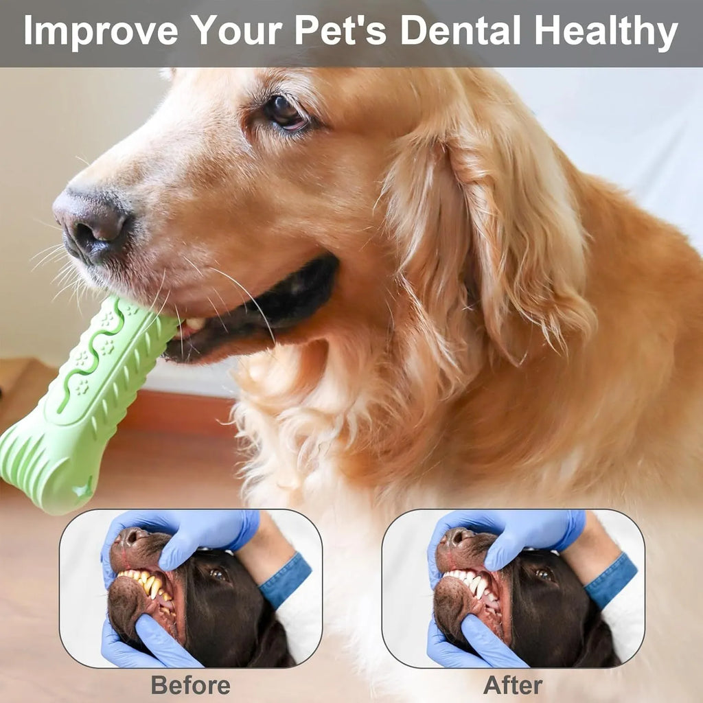 Blue natural rubber bone-shaped dog chew toy for aggressive chewers and dental care.