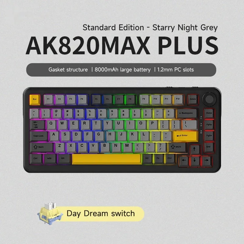 Three-mode mechanical keyboard in black, grey and yellow with wireless connectivity and hot-swap switches