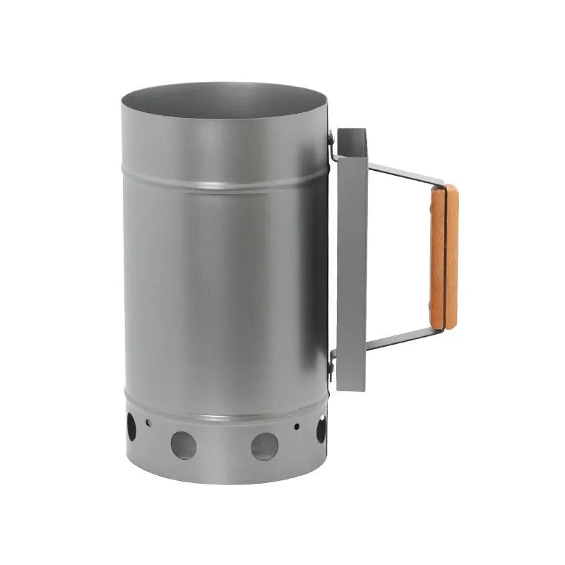 Outdoor barbecue charcoal fire starter in carbon barrel style with zinc-iron alloy construction