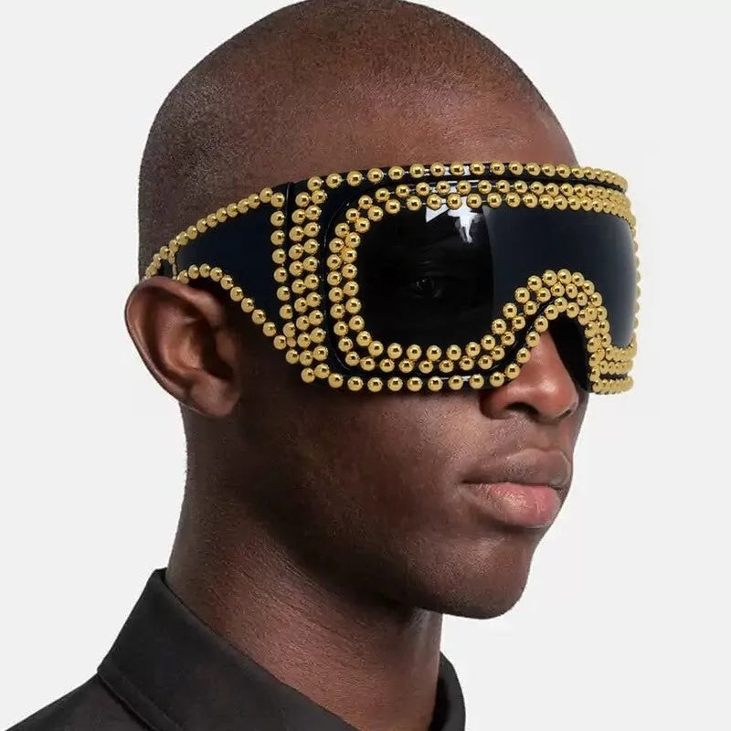 Men's punk style sunglasses with super large square rims and rivet detailing in gold colour