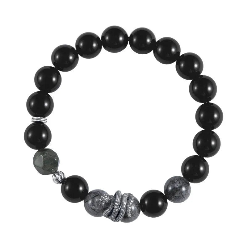 Men's S925 sterling silver bracelet with obsidian black snake motif measuring 10mm wide