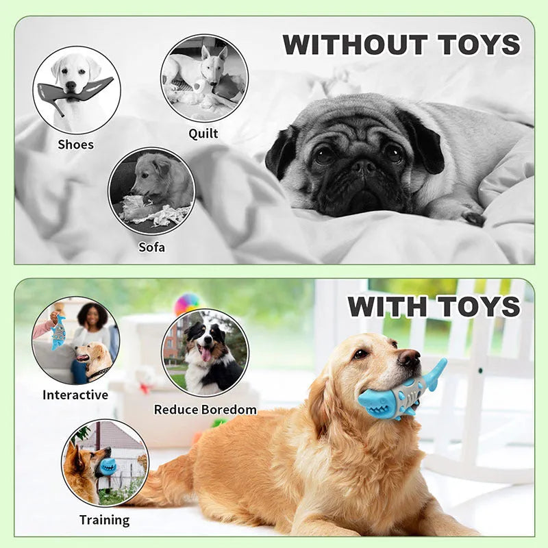 Blue shark-tooth textured dog teething toy with ventilation channels for puppy oral health