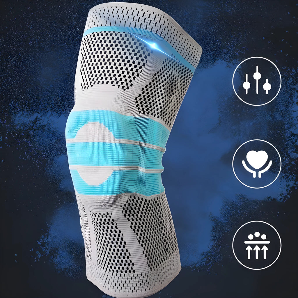 Sky blue elastic fibre knee pad with silicone protection for sports.
