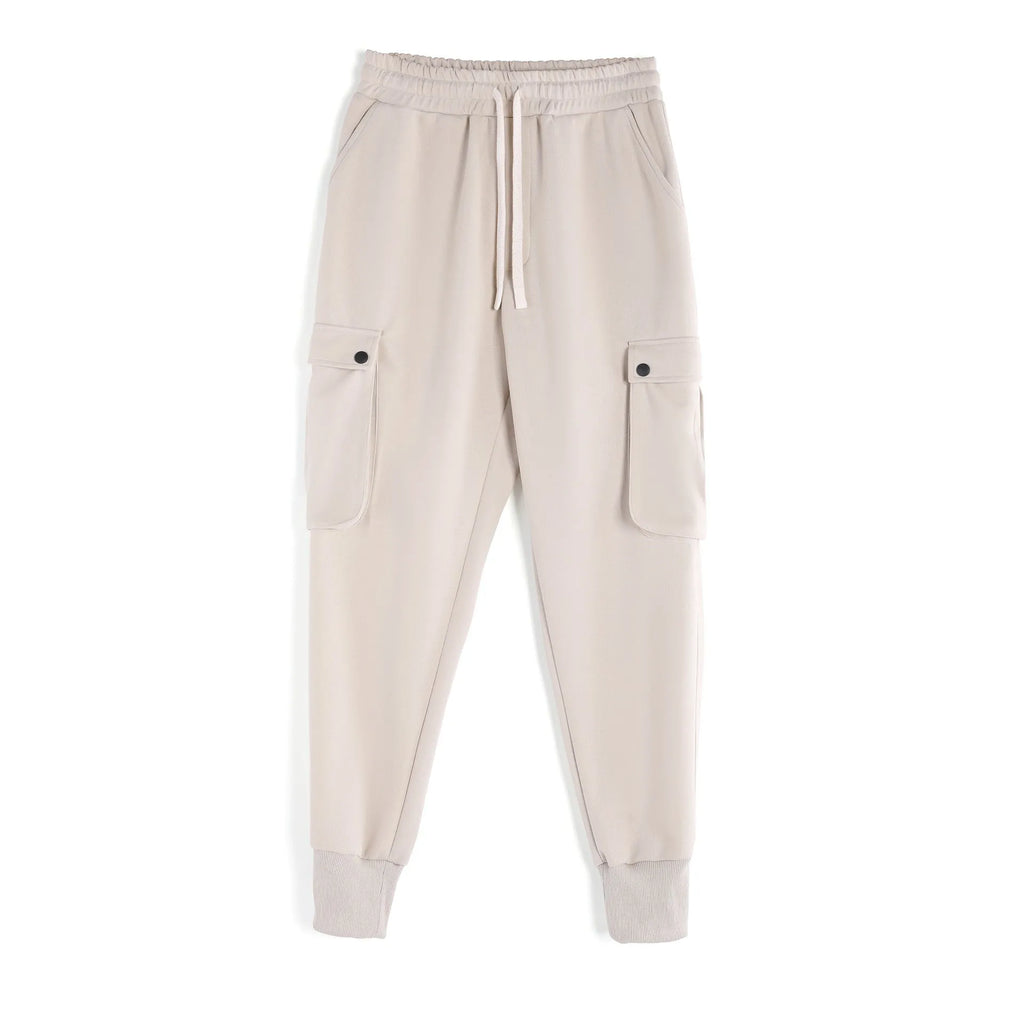 Men's loose cotton sports trousers with multi-pockets and ankle-tied cuffs in six colour options