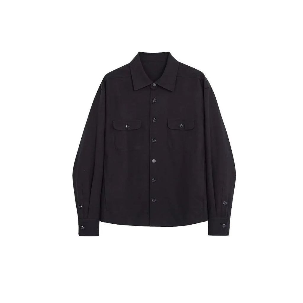 Men's cotton blend long sleeve shirt with simple lapel design in light sand rice colour