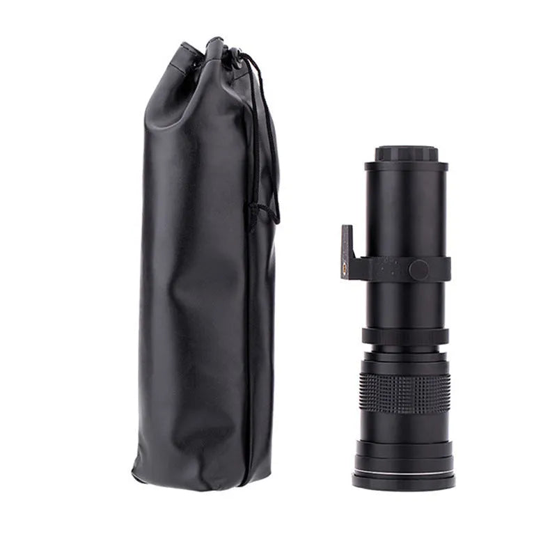 420-800mm manual telephoto zoom camera lens with T-mount adapter shown at full extension