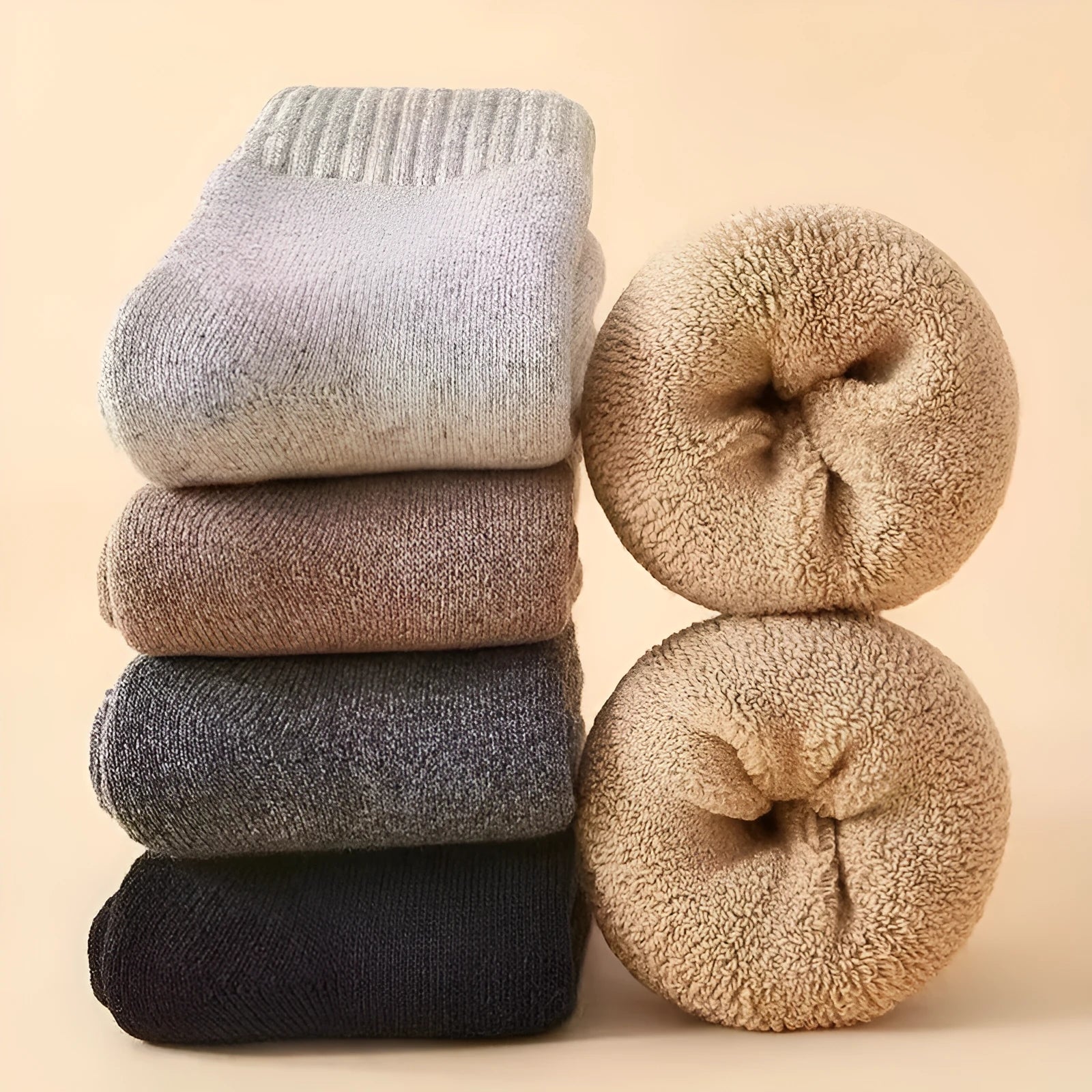 Men's winter wool socks with thick merino midsole in black, khaki, light grey and dark grey colours