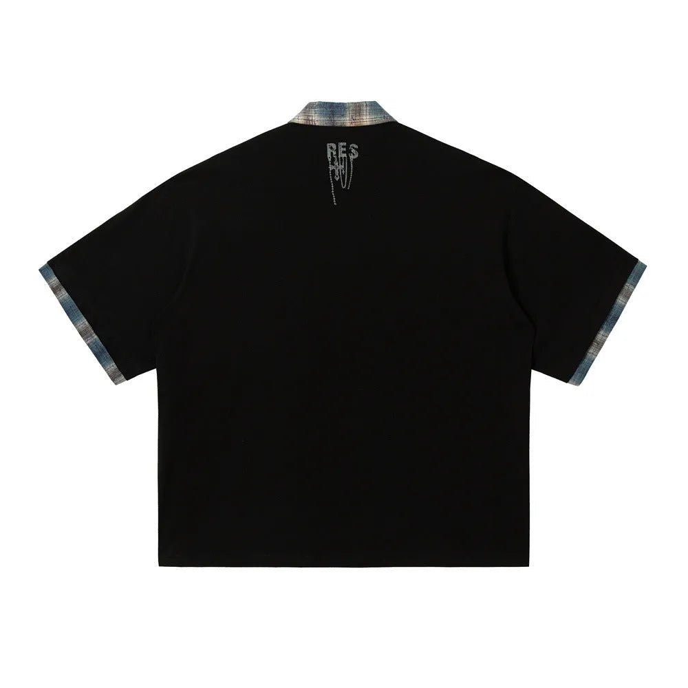 Men's blue graffiti print cotton top with asymmetric lapel design and loose fit