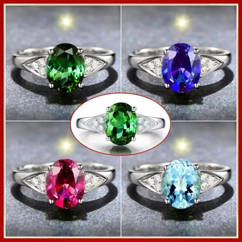 Women's natural zircon court ring showing heart, water drop, and bell patterns in red, blue, green, and light blue colour options