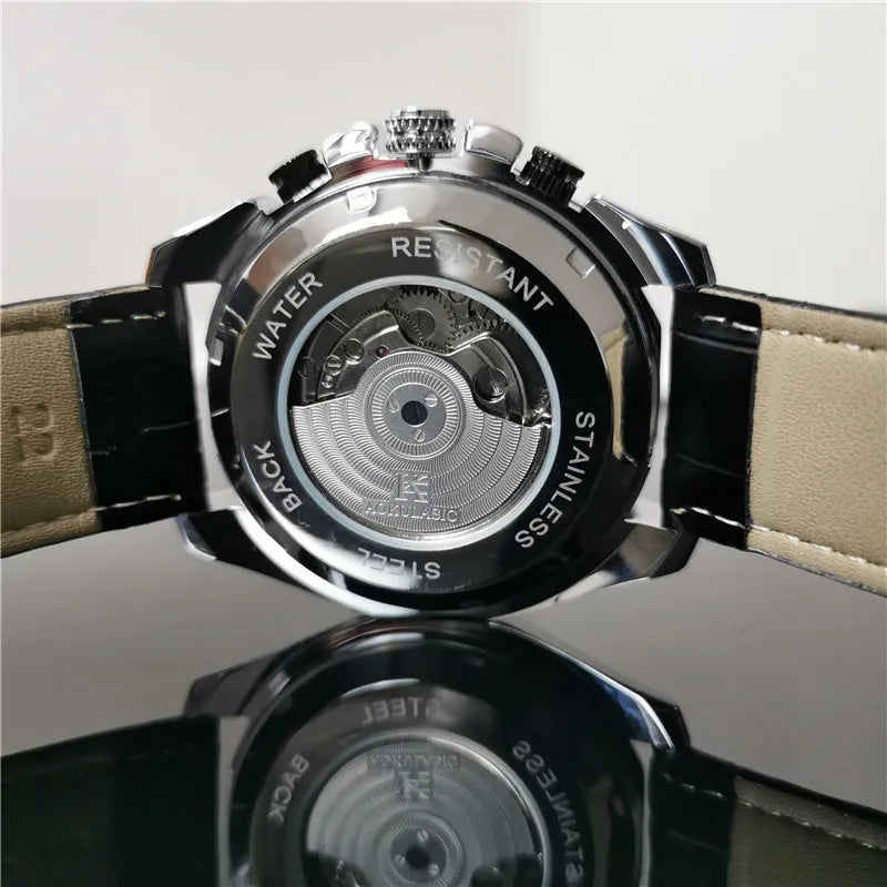 Automatic mechanical watch for men showing silver case with white dial