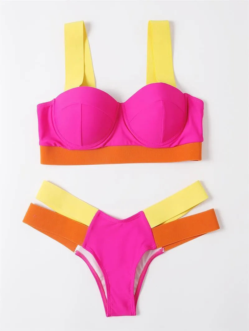 Women's steel bracket push-up bikini in nylon fabric showing multiple colour options
