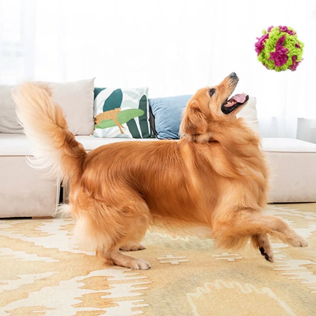 Purple seaweed-scented plush dog chew ball with knot design for teething and interactive play