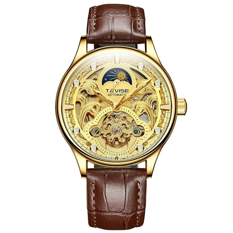 Men's gold and white leather strap automatic mechanical watch with 16mm thickness waterproof case