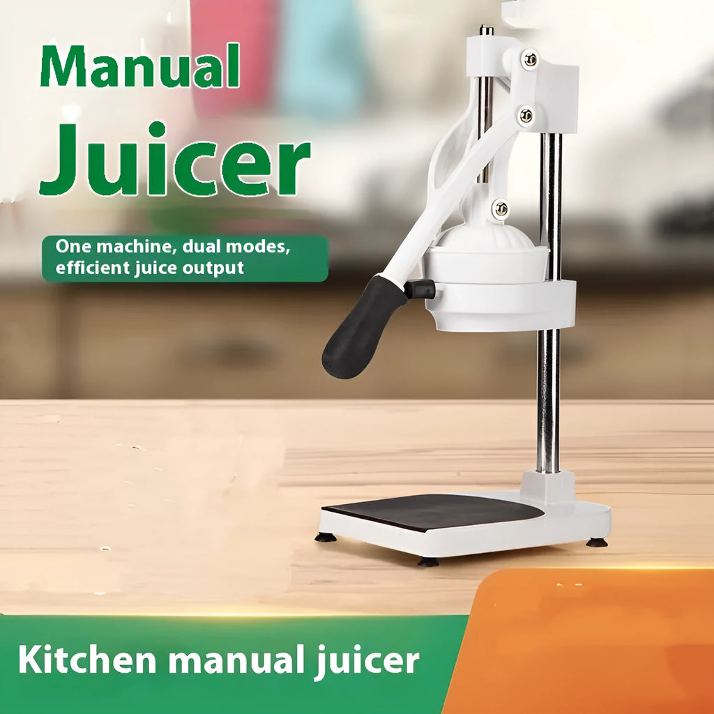 Manual stainless steel orange juice juicer with quick disassembly lever and citrus press cone.