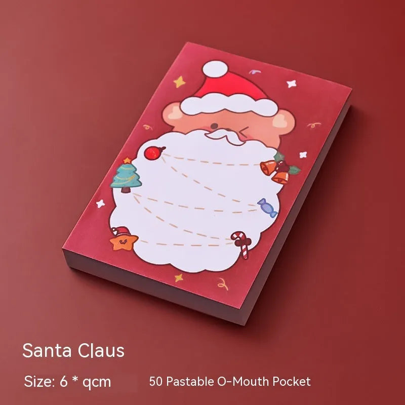 A5 Christmas sticky notes featuring eight designs including bear, elf, gift, and Santa Claus
