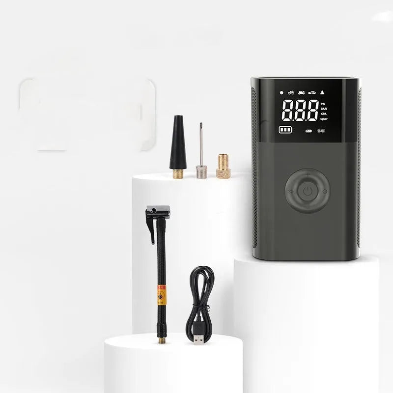 Handheld wireless digital display car tyre air pump with multiple nozzles and accessories