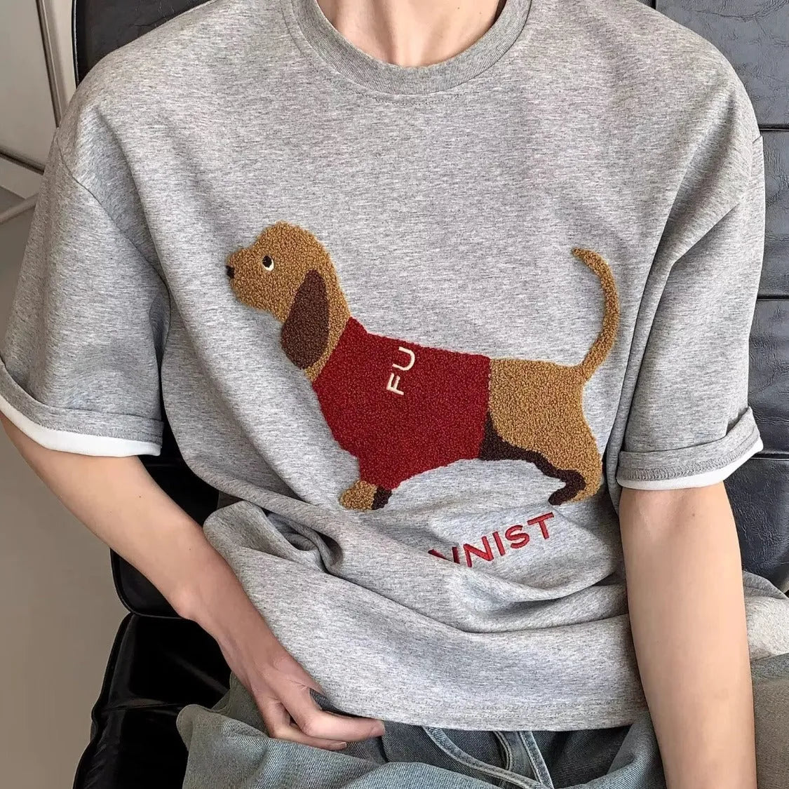 Men's grey cotton T-shirt with embroidered sausage dog towel design on front