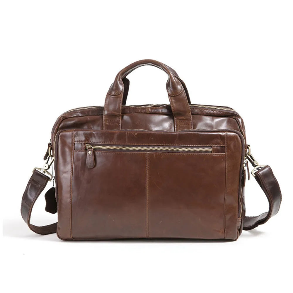 Brown cowhide leather business briefcase with 18-inch size for laptop storage