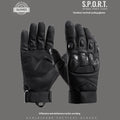 Men's black tactical gloves with full finger coverage showing touch screen compatible fingertips