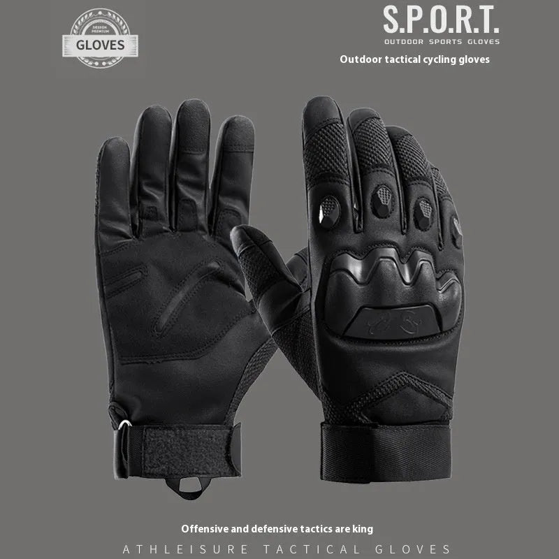 Men's black tactical gloves with full finger coverage showing touch screen compatible fingertips