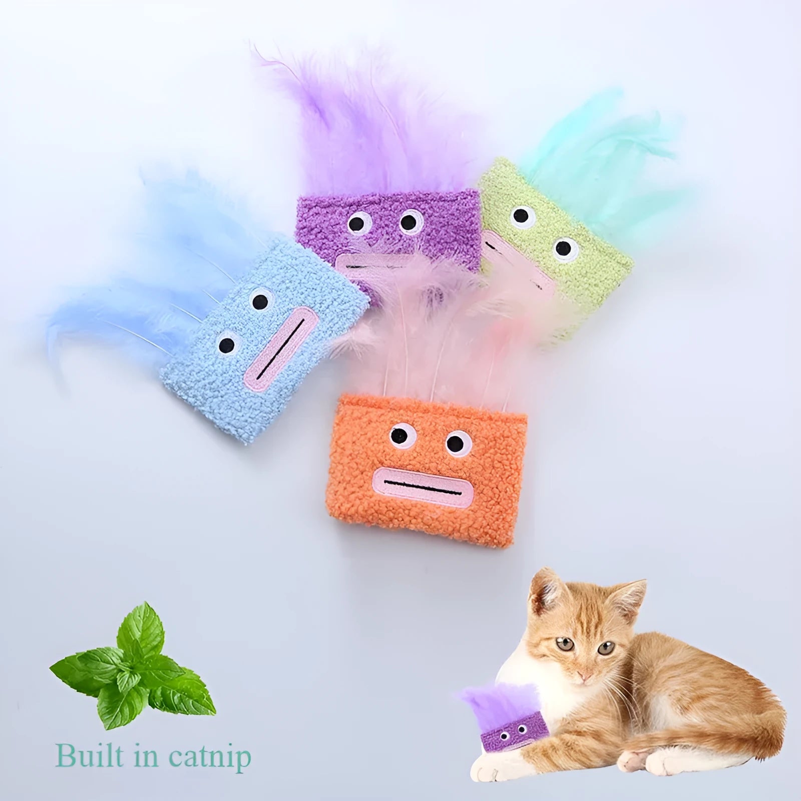 Blue plush cat toy shaped like a big mouth explosion head with catnip inside.