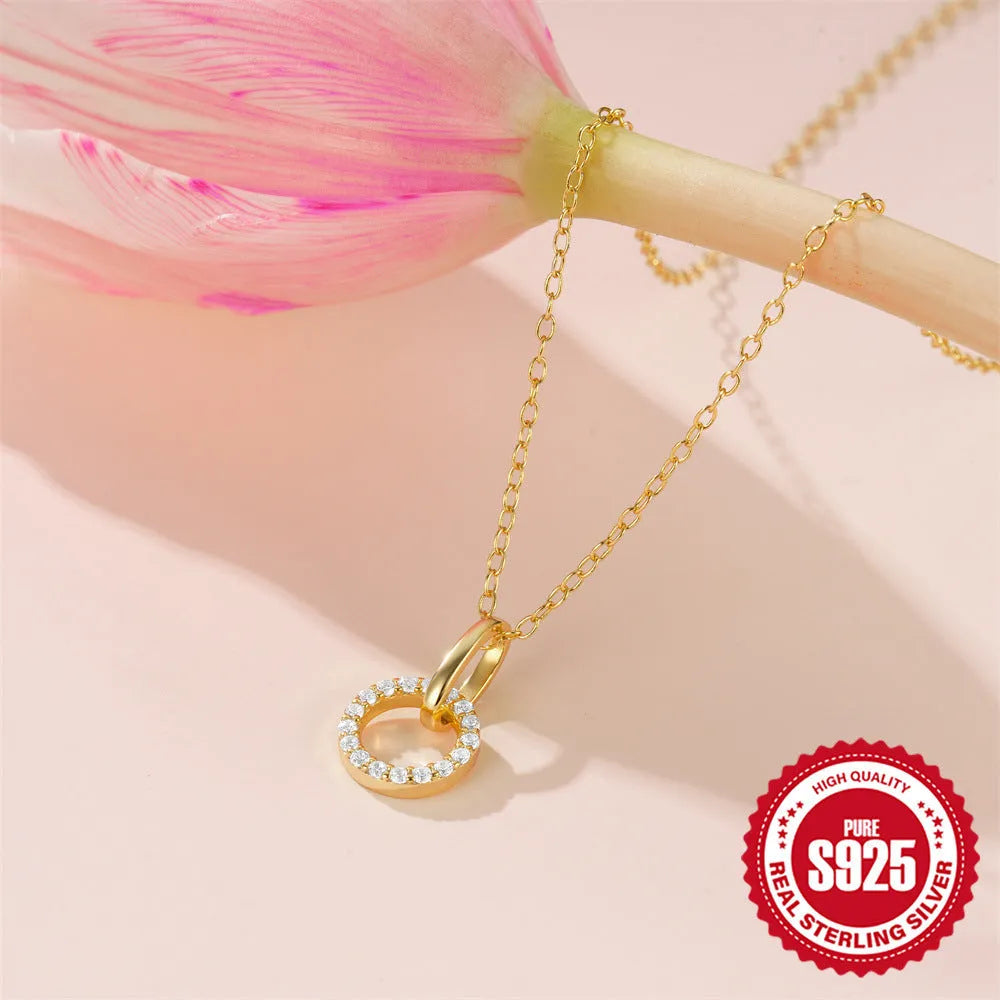 S925 sterling silver adjustable clavicle chain necklace with interlocking zircon detail in gold colour
