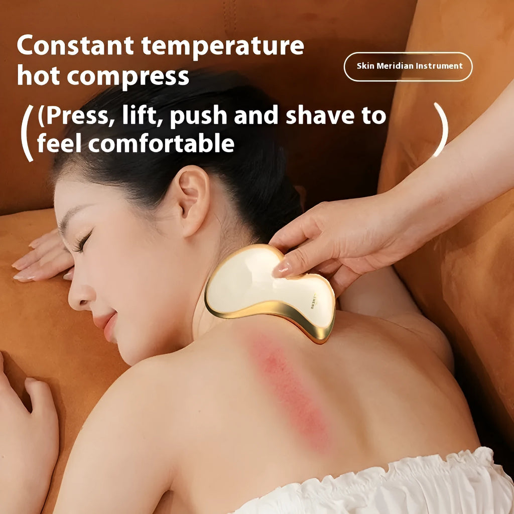 Golden yellow electric scraping board with USB charging port, showing hot compress and vibration massage functions.