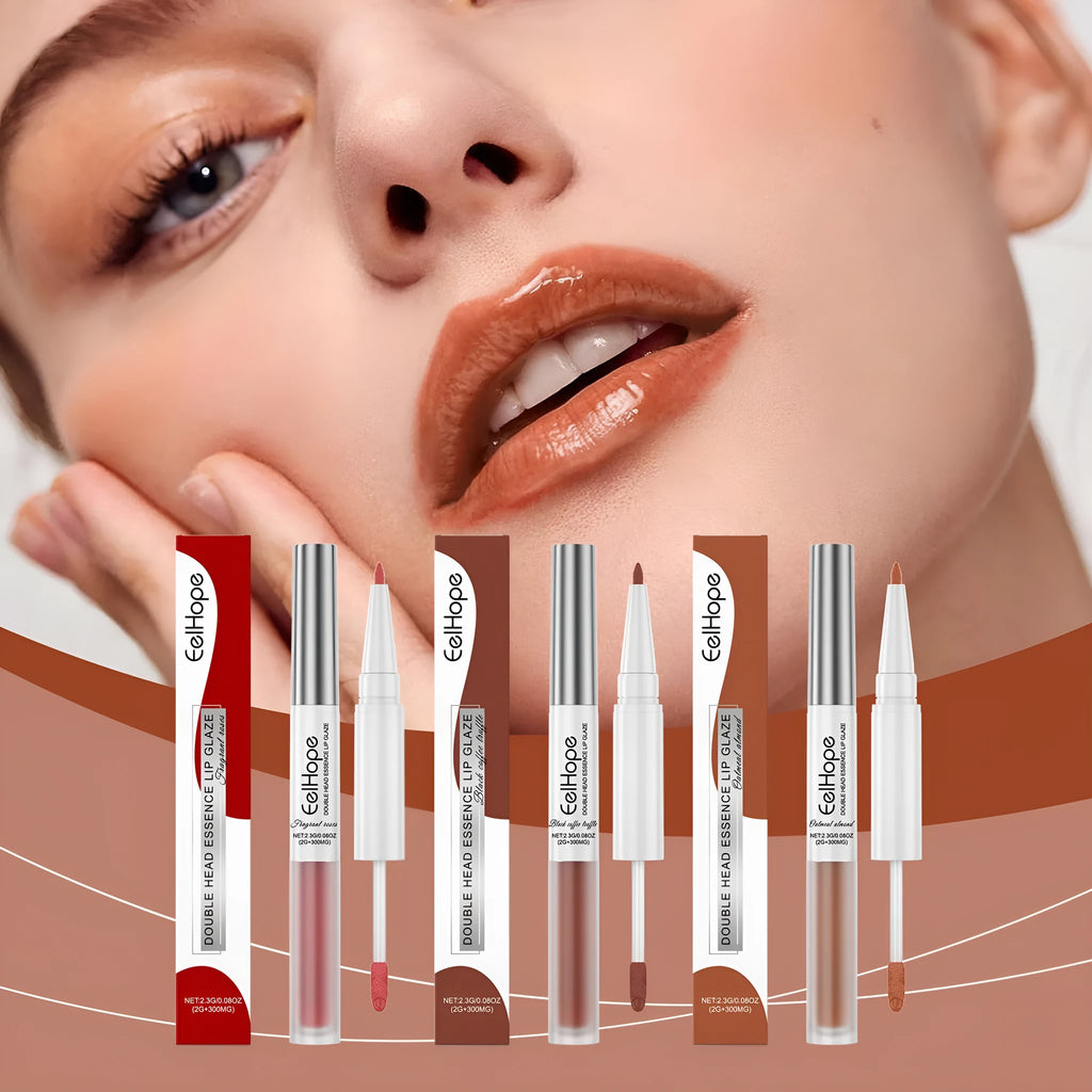 Double-headed lip liner and lacquer pen with three lip colour shades
