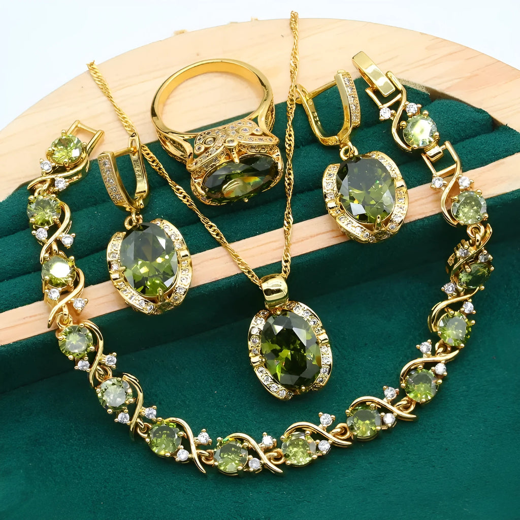 Women's rhinestone zircon jewellery set with snake bones chain and copper inlay in olive green or red colour