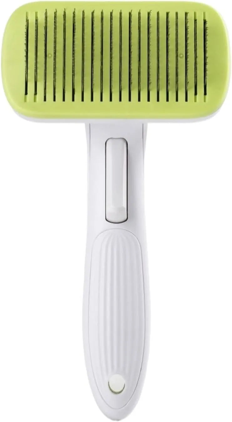 Automatic pet hair removal comb with needle design in blue, grey, green, and pink colour options