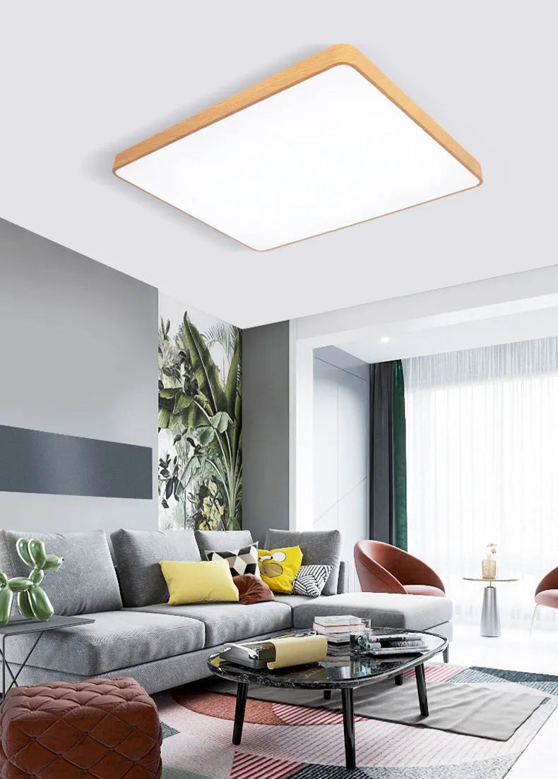 Nordic style square LED ceiling light with wood grain finish and iron frame in three size options