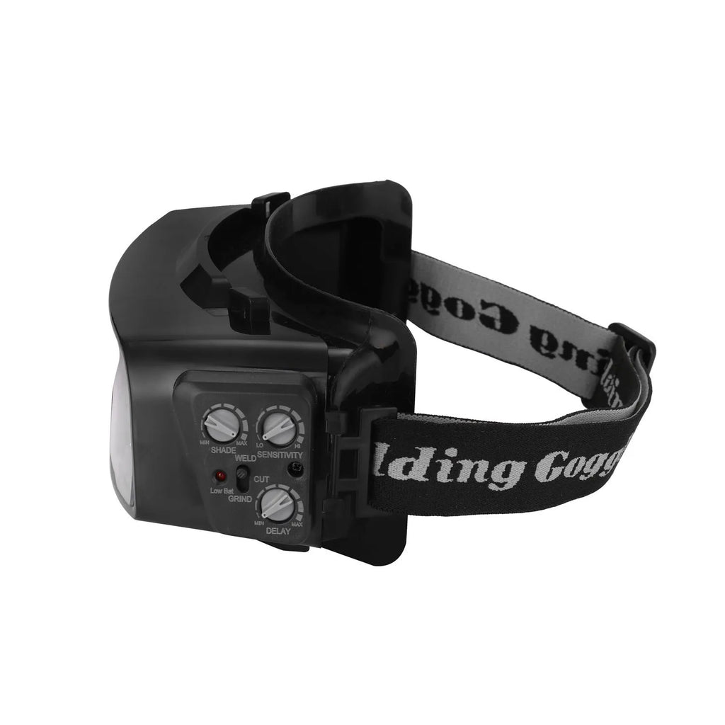 Black automatic darkening welding mask with large viewing lens and head strap.