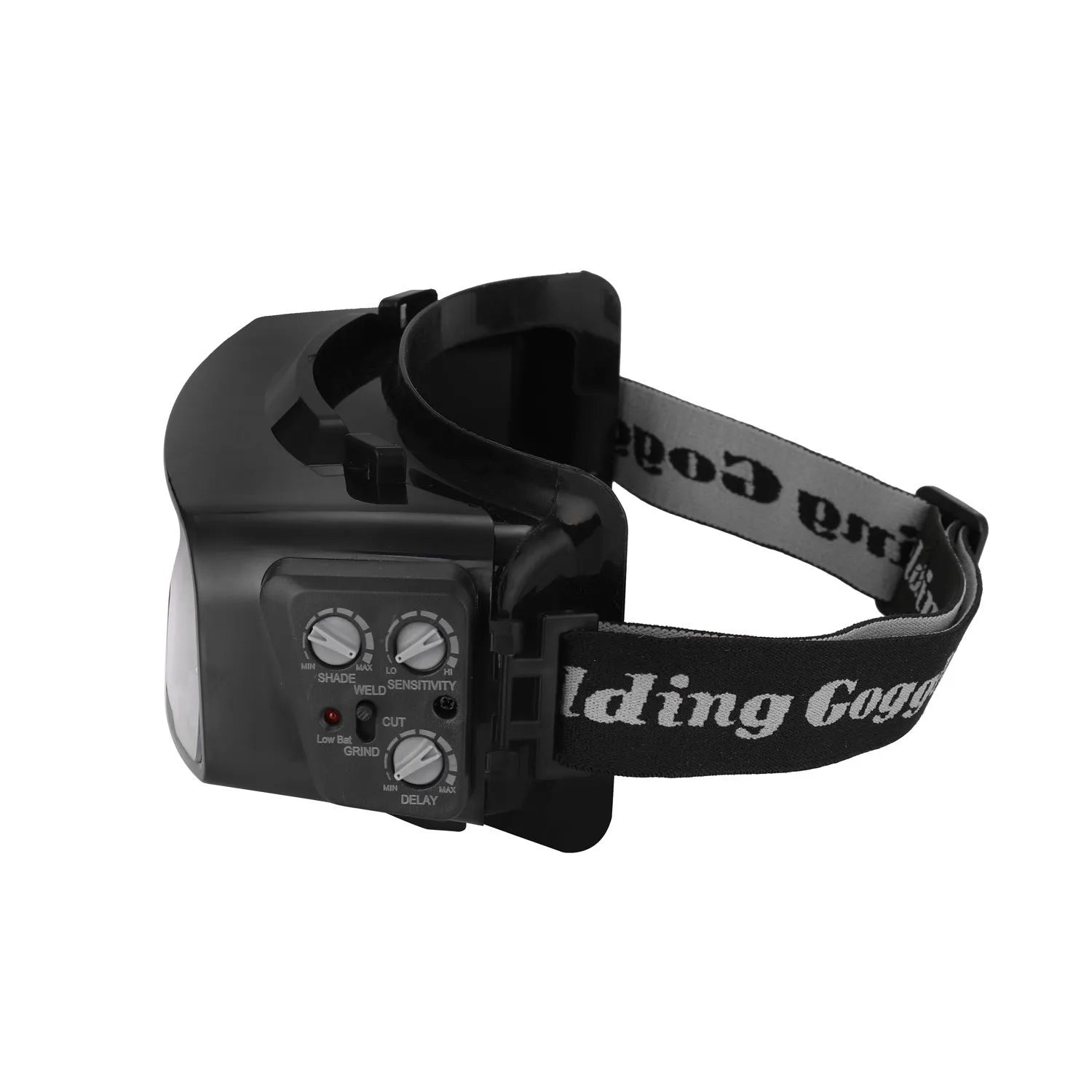Black automatic darkening welding mask with large viewing lens and head strap.