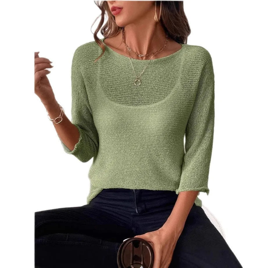 Women's thin knitted off-shoulder top in lavender purple with a 3D pattern and 3/4 sleeves.