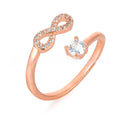 Personalised open geometric ring with inlaid zircon stones and an engraved letter, shown in gold, rose gold, and silver colour options.
